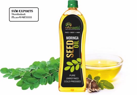 Public product photo -    Our SVM Exports Organic Moringa Ben Oil extract the 100% pure cold pressed oil from the good quality moringa seeds. Its odorless and transparent oil that is widely used in cosmetic industries and pharmaceutical industries
Moringa oil is the most stable oil in nature and it does not go rancid. 
High content of oleic acid and is easily penetrates into skin layers that maintains skin texture
Available Packing
100ml o